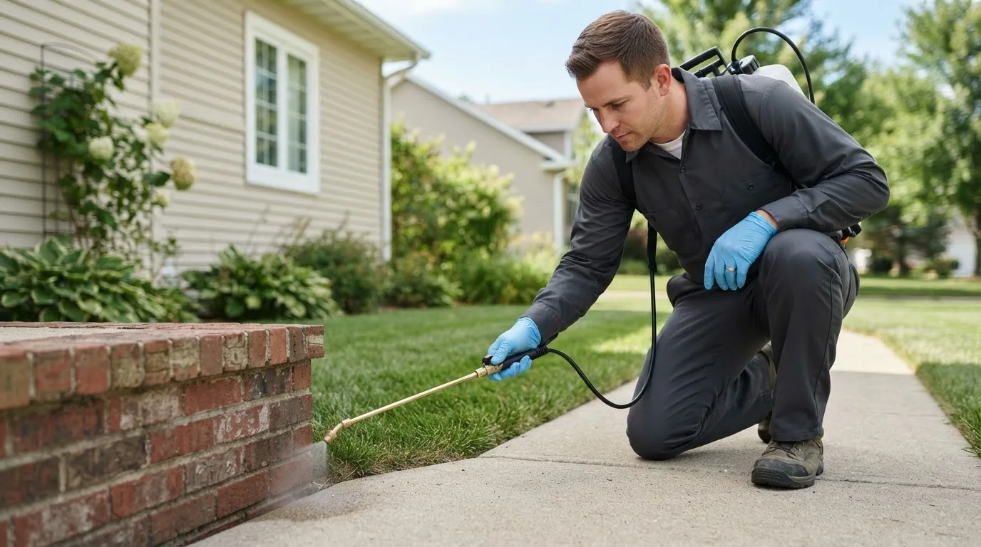 Pest control technician treating a home near Ava, OH